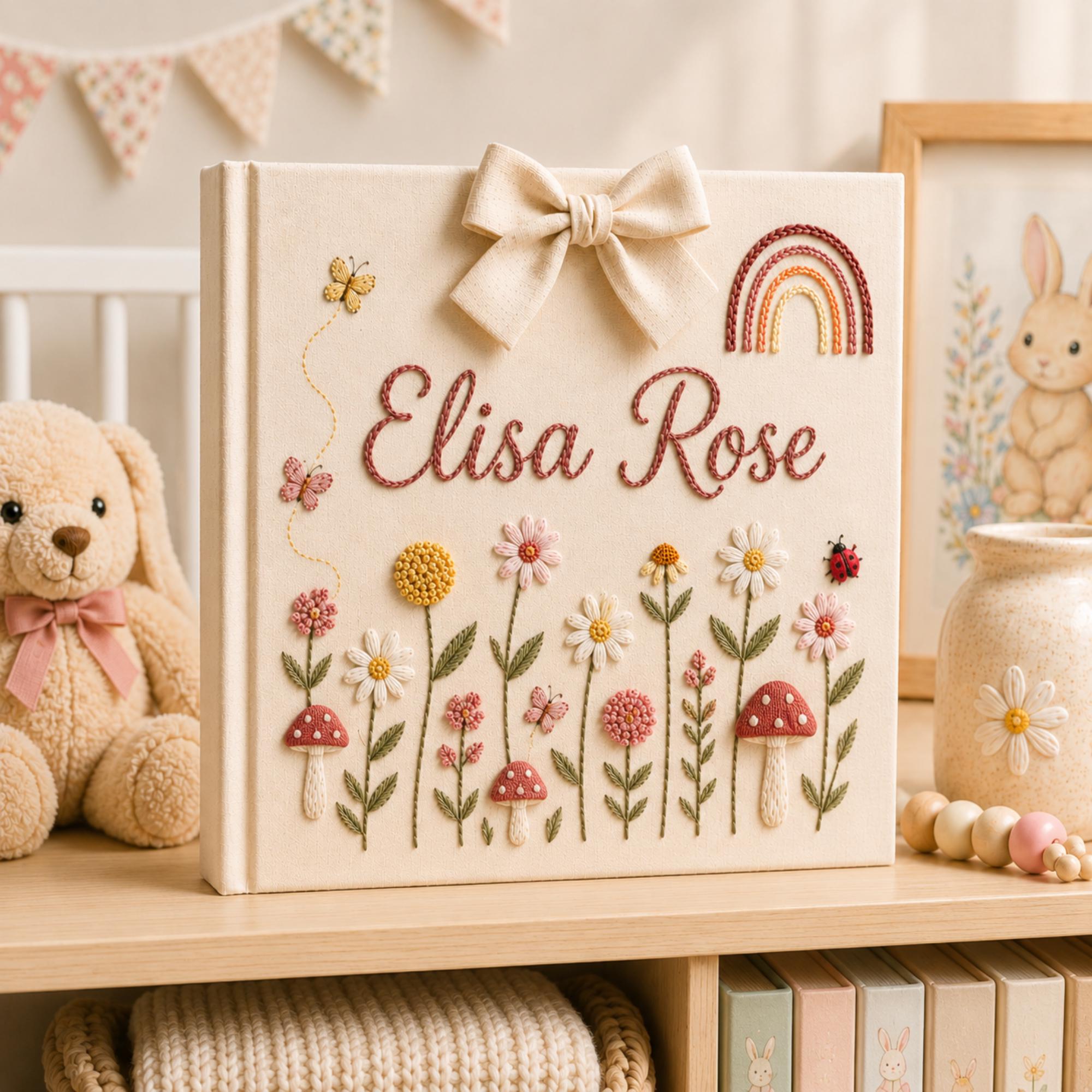 Personalized Embroidered Baby Photo Album, Floral Butterfly Keepsake Scrapbook, Minimal Floral Memory Book Keepsake, Neutral Nursery Gift