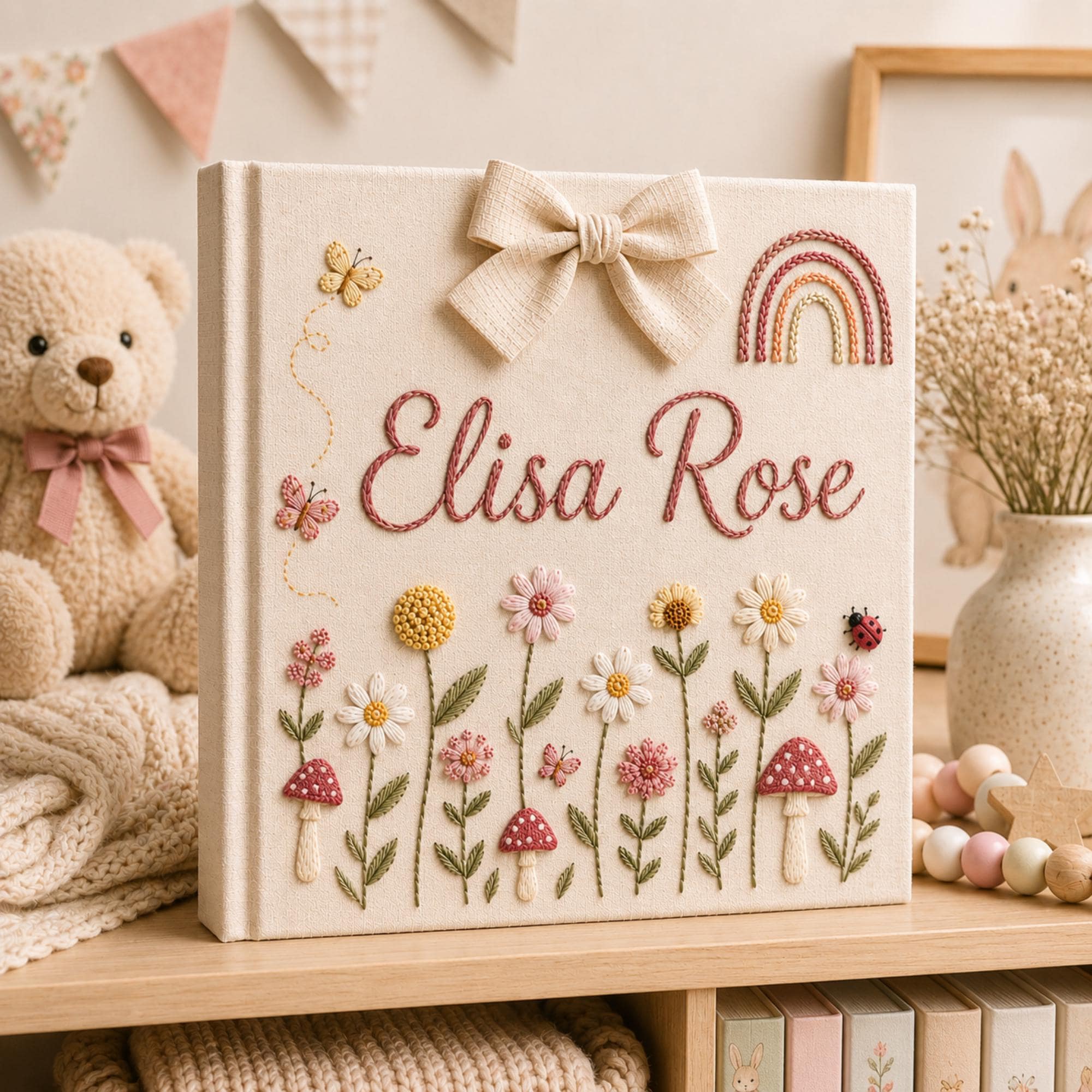 Personalized Embroidered Baby Photo Album, Floral Butterfly Keepsake Scrapbook, Minimal Floral Memory Book Keepsake, Neutral Nursery Gift