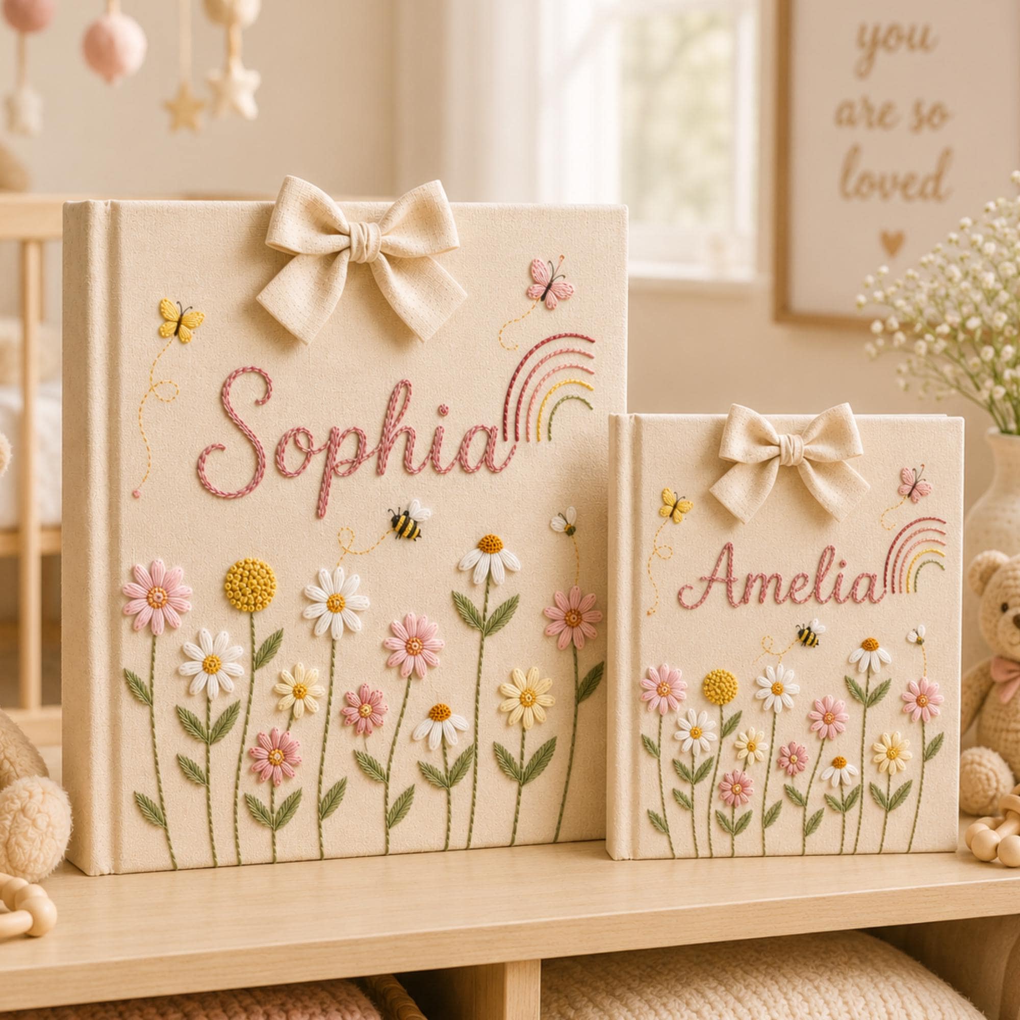 Personalized Embroidered Baby Photo Album, Floral Butterfly Keepsake Scrapbook, Minimal Floral Memory Book Keepsake, Neutral Nursery Gift