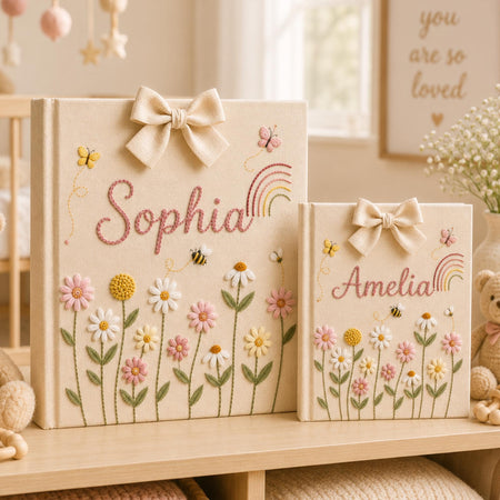 Personalized Embroidered Baby Photo Album, Floral Butterfly Keepsake Scrapbook, Minimal Floral Memory Book Keepsake, Neutral Nursery Gift