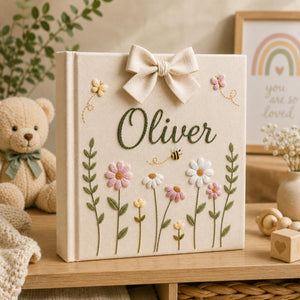 Personalized Embroidered Baby Photo Album, Floral Butterfly Keepsake Scrapbook, Minimal Floral Memory Book Keepsake, Neutral Nursery Gift