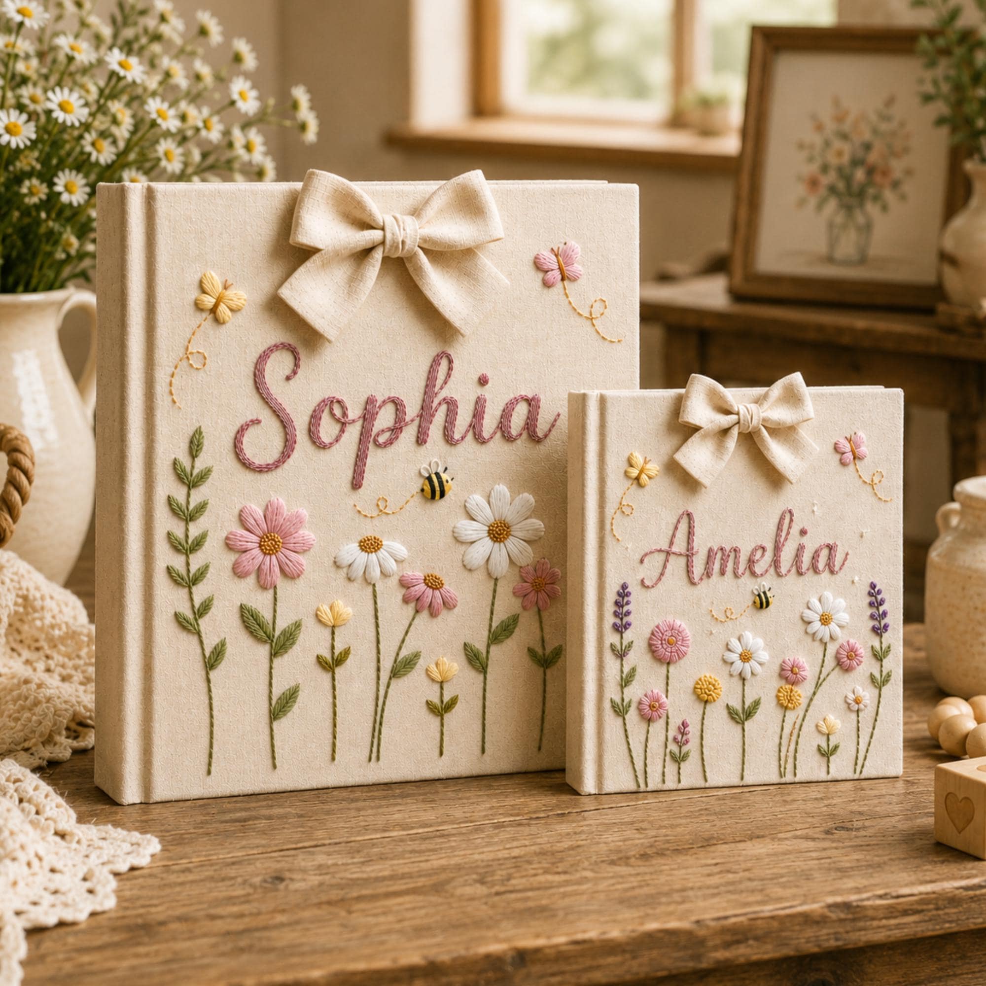 Personalized Embroidered Baby Photo Album, Floral Butterfly Keepsake Scrapbook, Minimal Floral Memory Book Keepsake, Neutral Nursery Gift