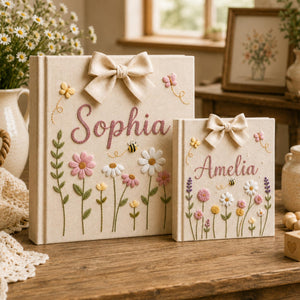 Personalized Embroidered Baby Photo Album, Floral Butterfly Keepsake Scrapbook, Minimal Floral Memory Book Keepsake, Neutral Nursery Gift