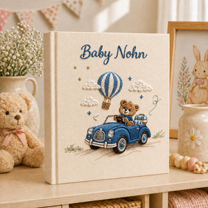 Hand Embroidered Linen Baby Photo Album, Teddy Bear Hot Air Balloon Car Memory Book, Newborn Keepsake Album, Baby Shower Gift