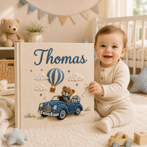 Hand Embroidered Linen Baby Photo Album, Teddy Bear Hot Air Balloon Car Memory Book, Newborn Keepsake Album, Baby Shower Gift
