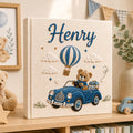 Hand Embroidered Linen Baby Photo Album, Teddy Bear Hot Air Balloon Car Memory Book, Newborn Keepsake Album, Baby Shower Gift