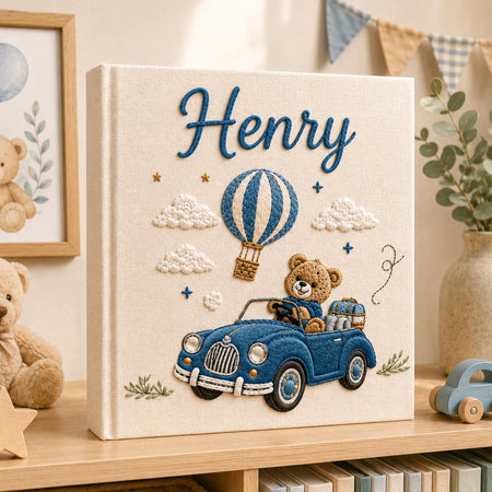 Hand Embroidered Linen Baby Photo Album, Teddy Bear Hot Air Balloon Car Memory Book, Newborn Keepsake Album, Baby Shower Gift