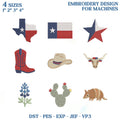 Texas Mini Embroidery Design Bundle, Lone Star State Embroidery File, Cowboy Boot Longhorn Bluebonnet Machine File, Instant Download