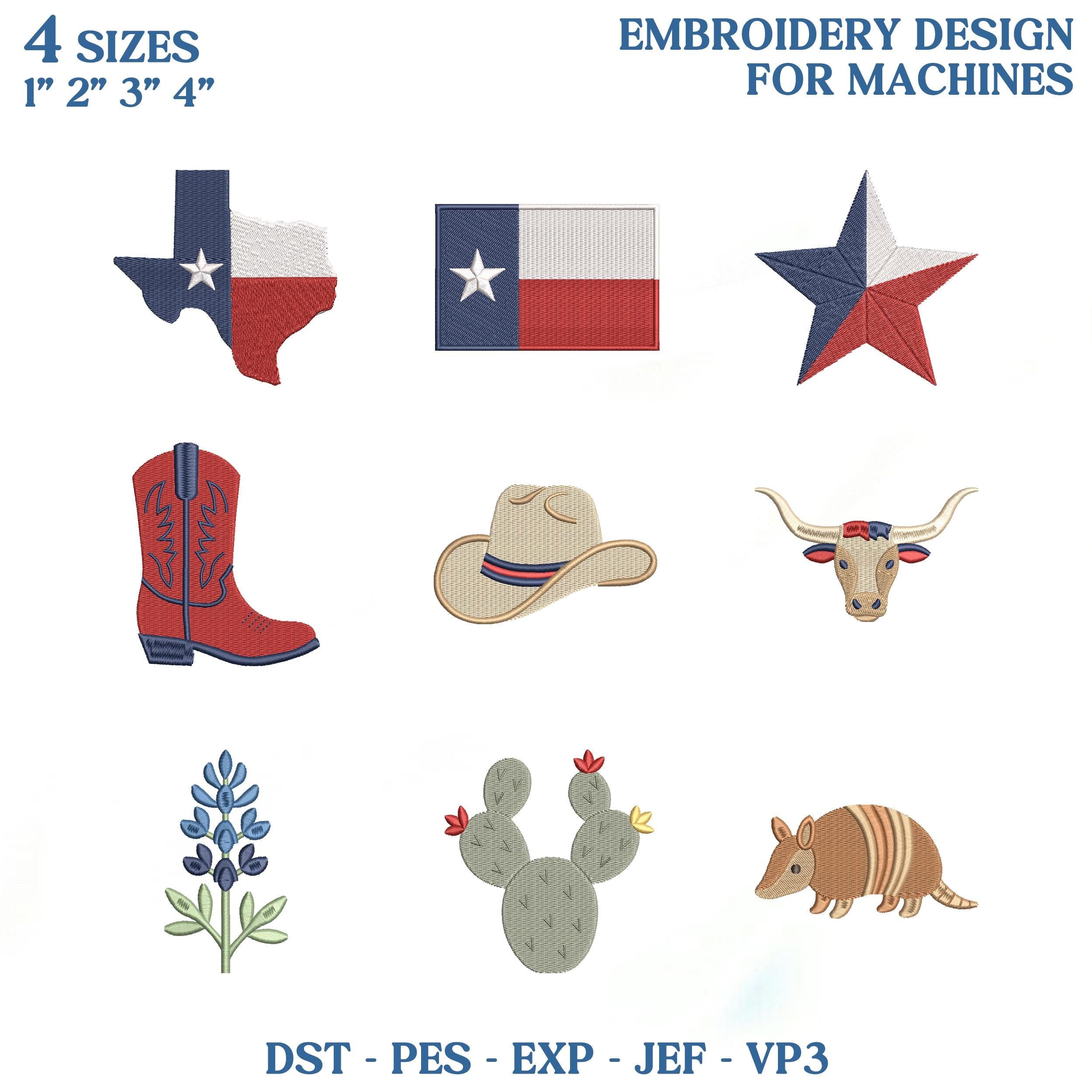 Texas Mini Embroidery Design Bundle, Lone Star State Embroidery File, Cowboy Boot Longhorn Bluebonnet Machine File, Instant Download
