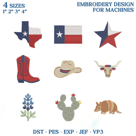 Texas Mini Embroidery Design Bundle, Lone Star State Embroidery File, Cowboy Boot Longhorn Bluebonnet Machine File, Instant Download