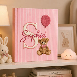 Hand Embroidered Baby Photo Album with Teddy Bear, Teddy Bear Balloon Linen Keepsake Memory  Book, Baby Shower Gift, Girl Nursery Album