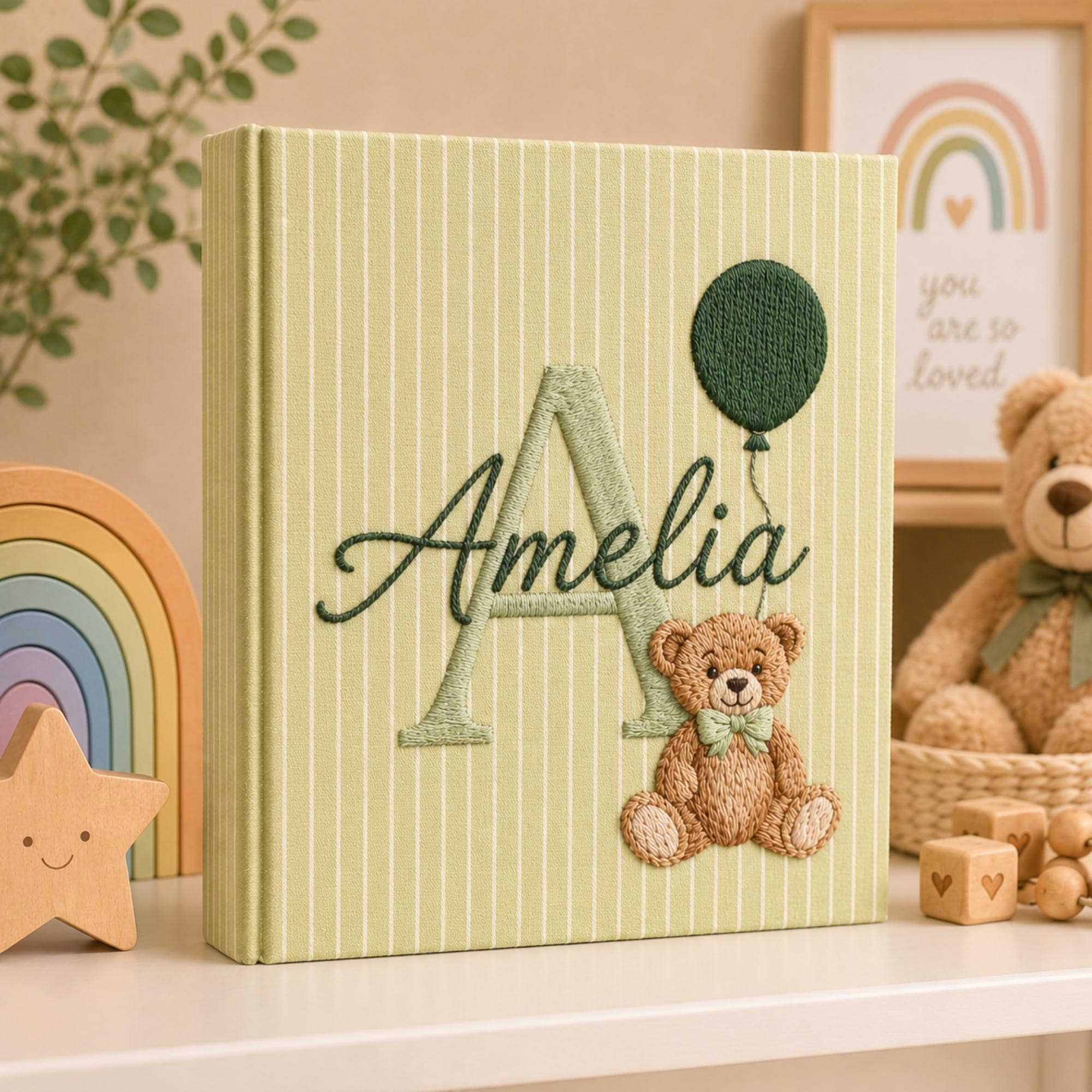 Hand Embroidered Baby Photo Album with Teddy Bear, Teddy Bear Balloon Linen Keepsake Memory  Book, Baby Shower Gift, Girl Nursery Album