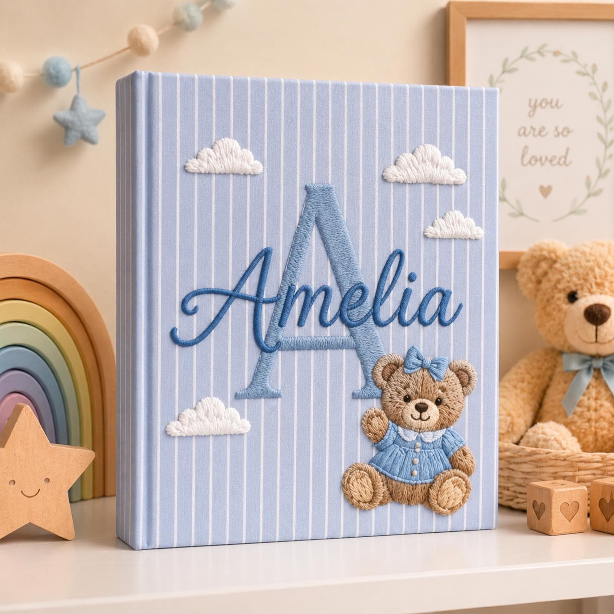 Hand Embroidered Baby Photo Album with Teddy Bear, Teddy Bear Balloon Linen Keepsake Memory  Book, Baby Shower Gift, Girl Nursery Album