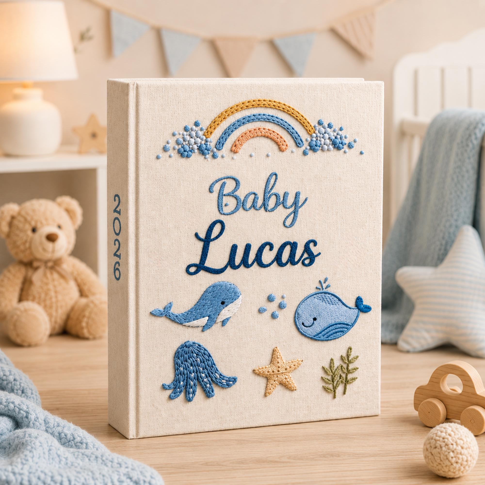 Custom Hand Embroidered Linen Baby Photo Album, Personalized Ocean Baby Memory Book, Whale Linen Keepsake Album, Newborn Keepsake Album