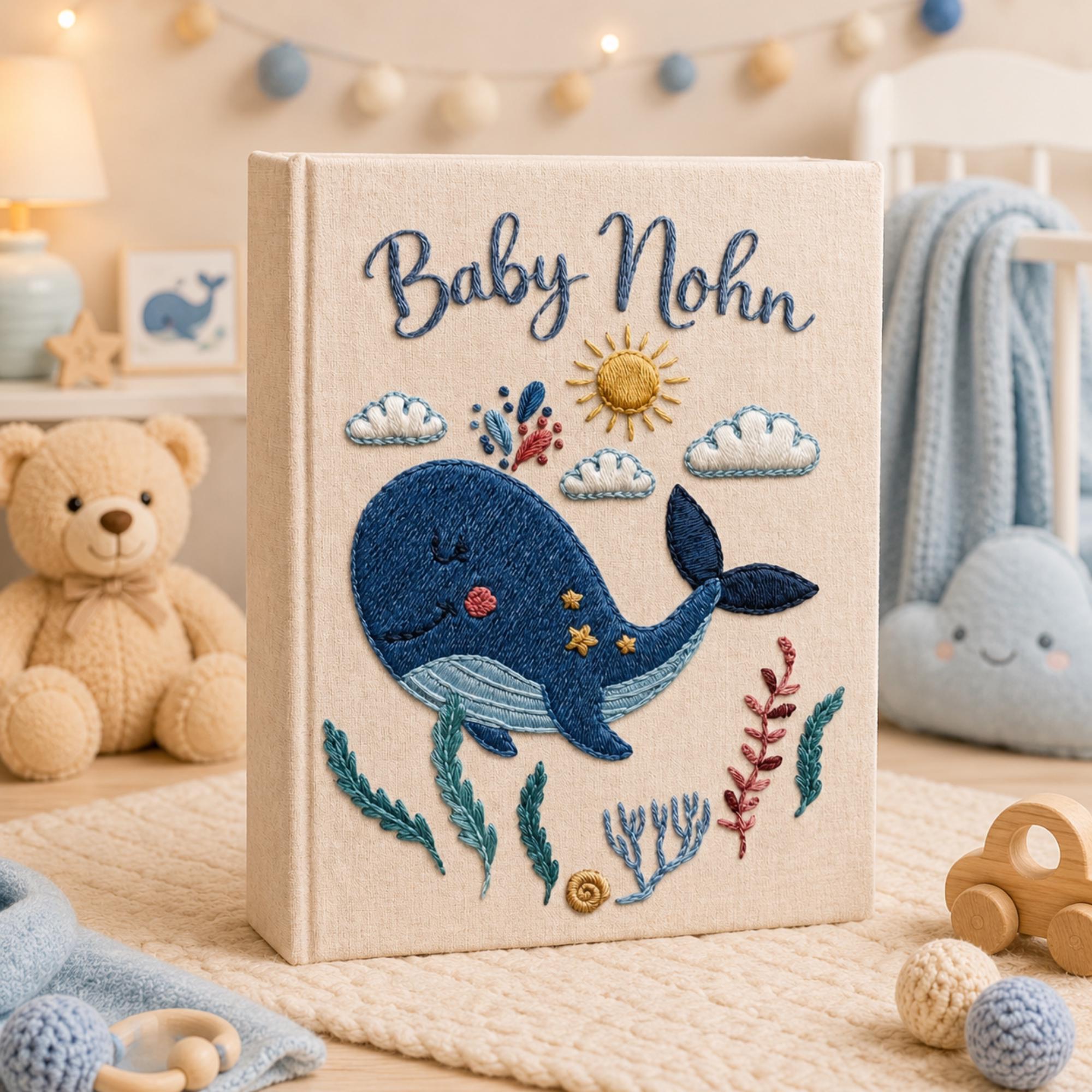 Custom Hand Embroidered Linen Baby Photo Album, Personalized Ocean Baby Memory Book, Whale Linen Keepsake Album, Newborn Keepsake Album