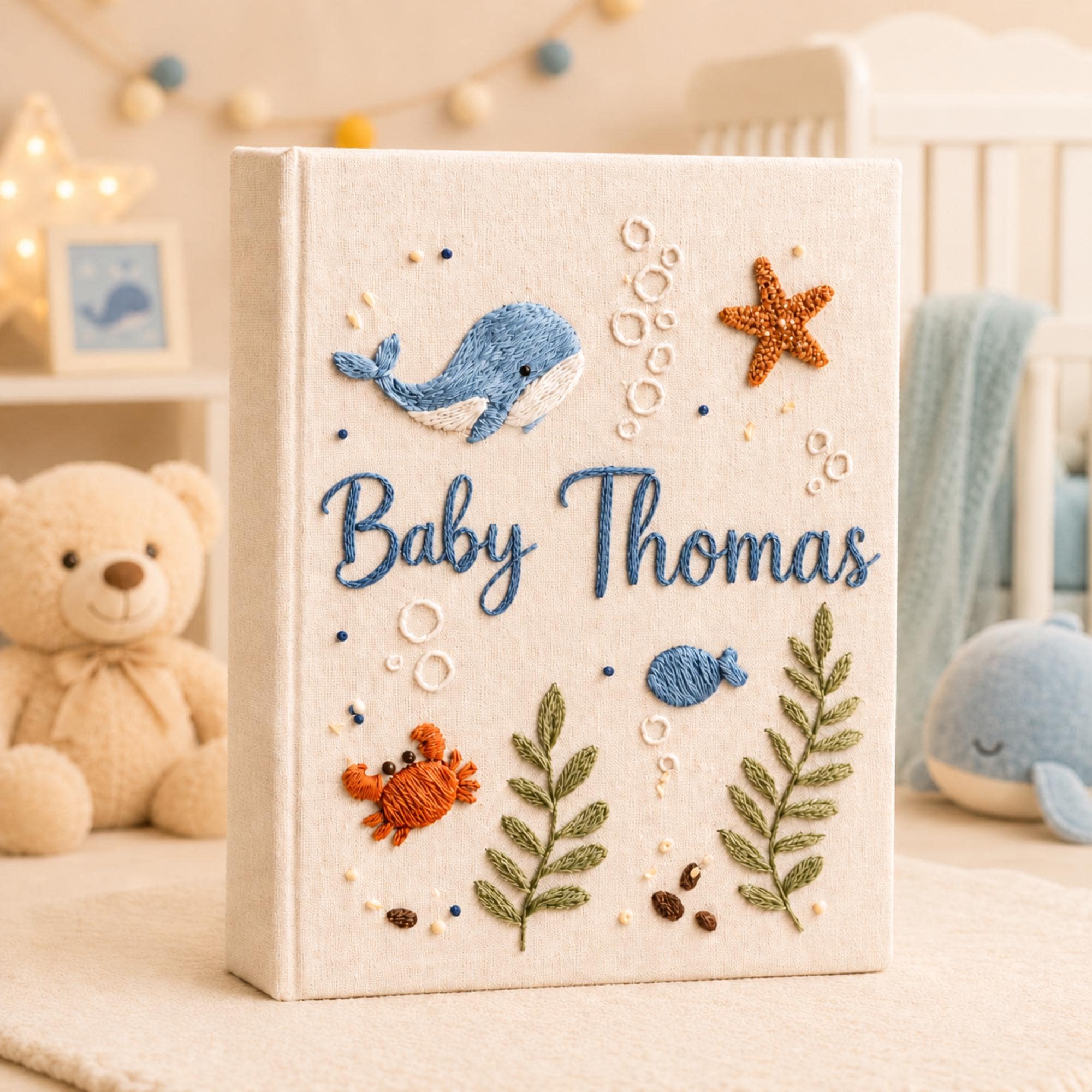 Custom Hand Embroidered Linen Baby Photo Album, Personalized Ocean Baby Memory Book, Whale Linen Keepsake Album, Newborn Keepsake Album