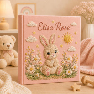 Custom Hand Embroidered Baby Photo Album, Rabbit Embroidered Keepsake Album, Personalized Bunny Memory Book, Newborn Keepsake Gift