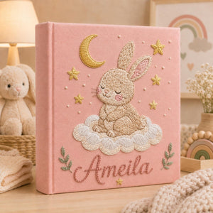 Custom Hand Embroidered Baby Photo Album, Rabbit Embroidered Keepsake Album, Personalized Bunny Memory Book, Newborn Keepsake Gift