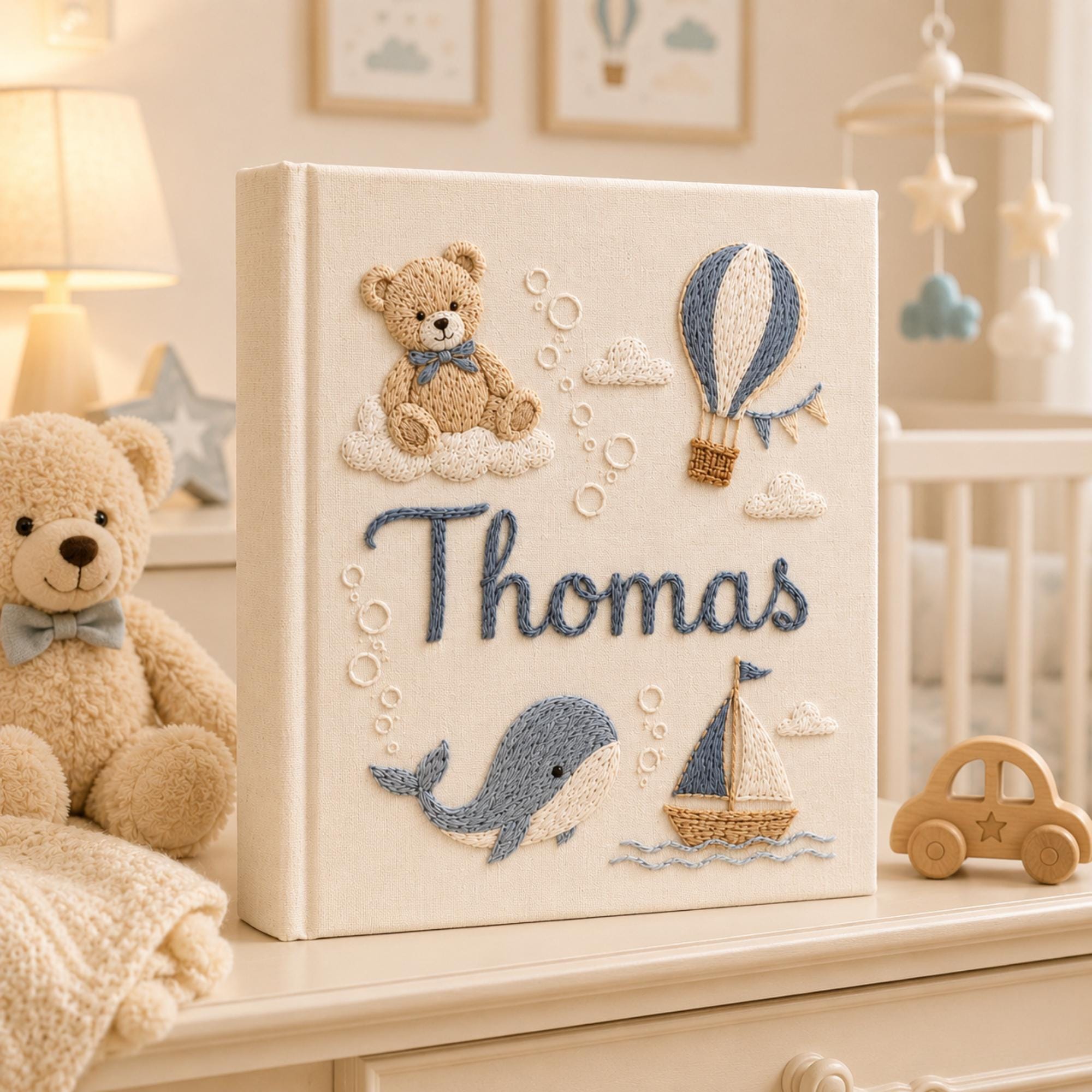 Hand Embroidered Teddy Bear Baby Photo Album, Teddy Bear Hot Air Balloon Whale Memory Book, Linen Keepsake Baby Book, Newborn Gift