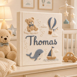 Hand Embroidered Teddy Bear Baby Photo Album, Teddy Bear Hot Air Balloon Whale Memory Book, Linen Keepsake Baby Book, Newborn Gift