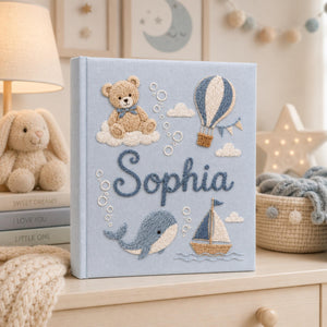 Hand Embroidered Teddy Bear Baby Photo Album, Teddy Bear Hot Air Balloon Whale Memory Book, Linen Keepsake Baby Book, Newborn Gift