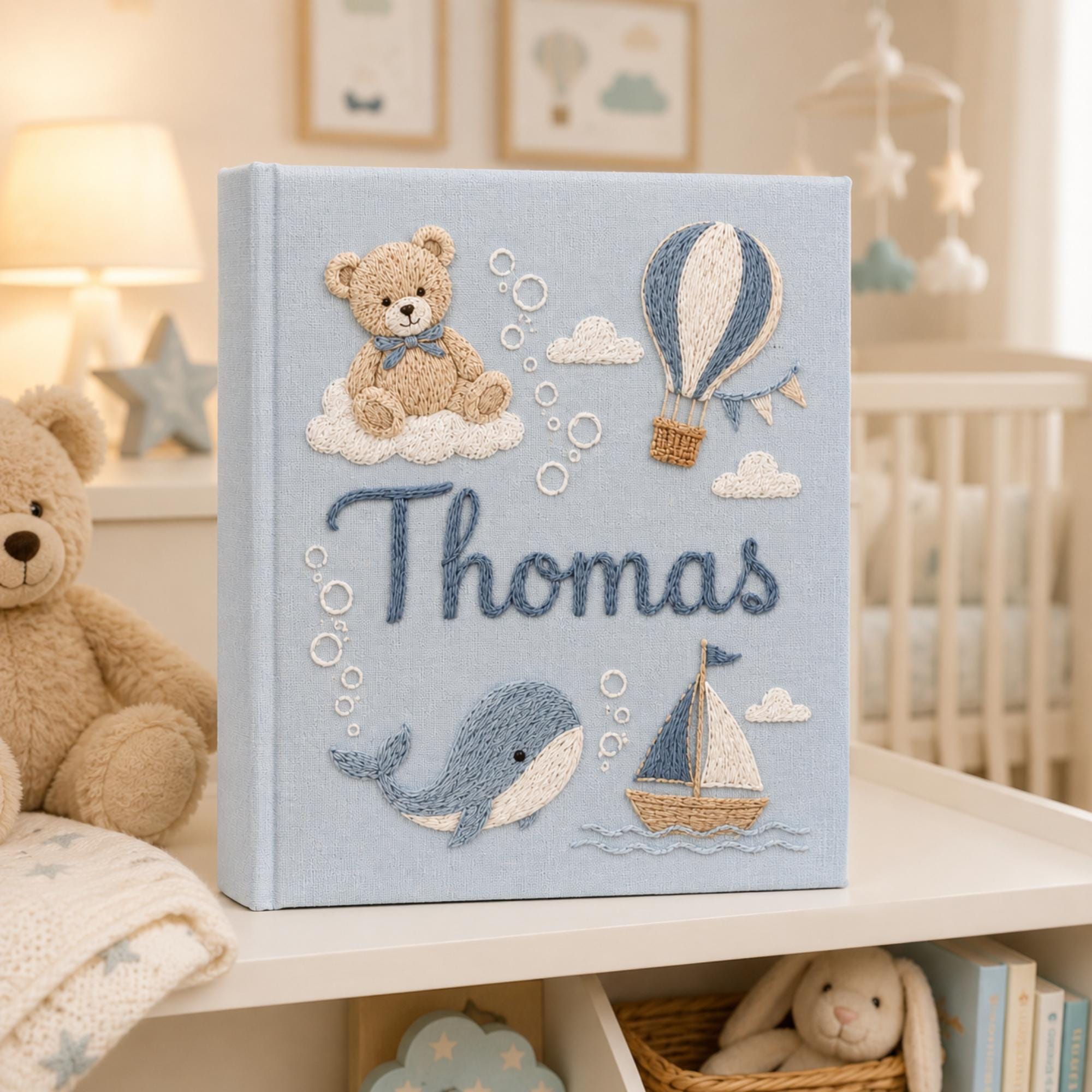 Hand Embroidered Teddy Bear Baby Photo Album, Teddy Bear Hot Air Balloon Whale Memory Book, Linen Keepsake Baby Book, Newborn Gift