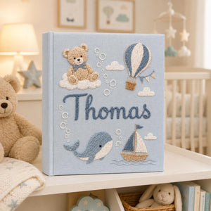 Hand Embroidered Teddy Bear Baby Photo Album, Teddy Bear Hot Air Balloon Whale Memory Book, Linen Keepsake Baby Book, Newborn Gift