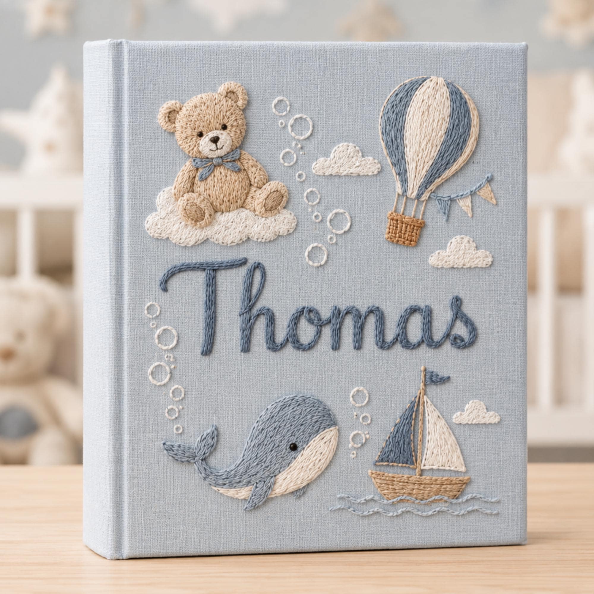 Hand Embroidered Teddy Bear Baby Photo Album, Teddy Bear Hot Air Balloon Whale Memory Book, Linen Keepsake Baby Book, Newborn Gift