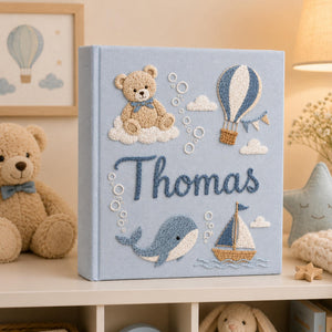 Hand Embroidered Teddy Bear Baby Photo Album, Teddy Bear Hot Air Balloon Whale Memory Book, Linen Keepsake Baby Book, Newborn Gift