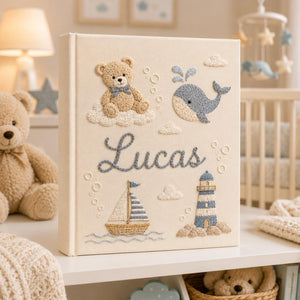 Hand Embroidered Teddy Bear Baby Photo Album, Personalized Sailor Teddy Bear Ocean Memory Book, Newborn Keepsake Gift, Nursery Decor Album