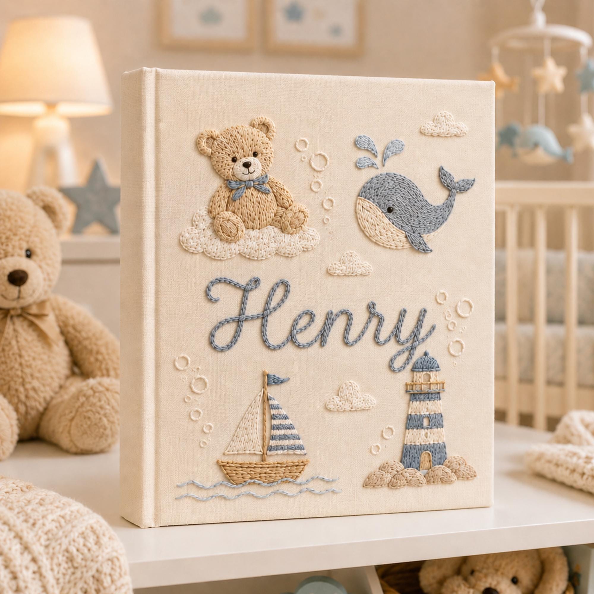 Hand Embroidered Teddy Bear Baby Photo Album, Personalized Sailor Teddy Bear Ocean Memory Book, Newborn Keepsake Gift, Nursery Decor Album