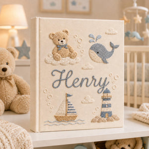 Hand Embroidered Teddy Bear Baby Photo Album, Personalized Sailor Teddy Bear Ocean Memory Book, Newborn Keepsake Gift, Nursery Decor Album