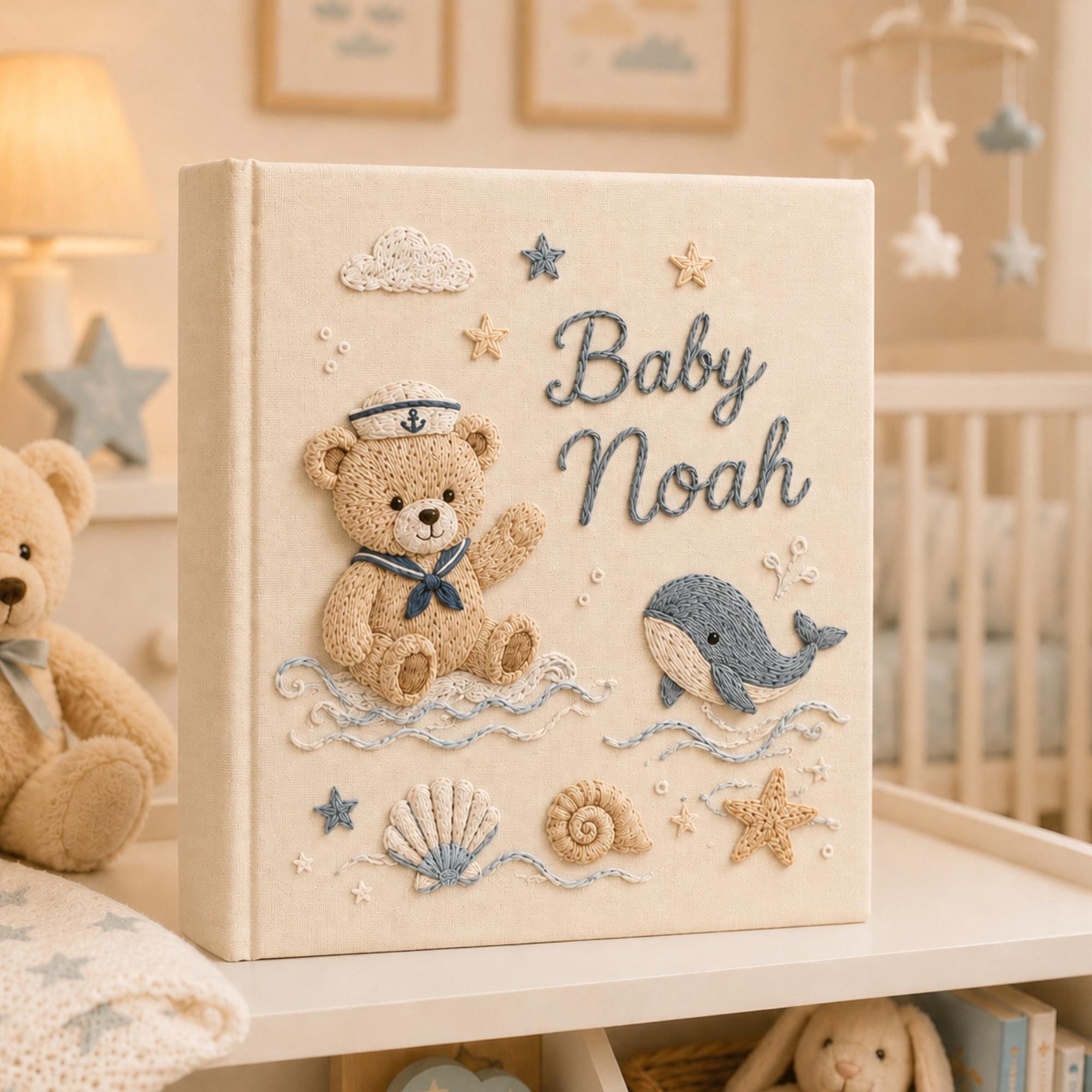 Hand Embroidered Teddy Bear Baby Photo Album, Personalized Sailor Teddy Bear Ocean Memory Book, Newborn Keepsake Gift, Nursery Decor Album