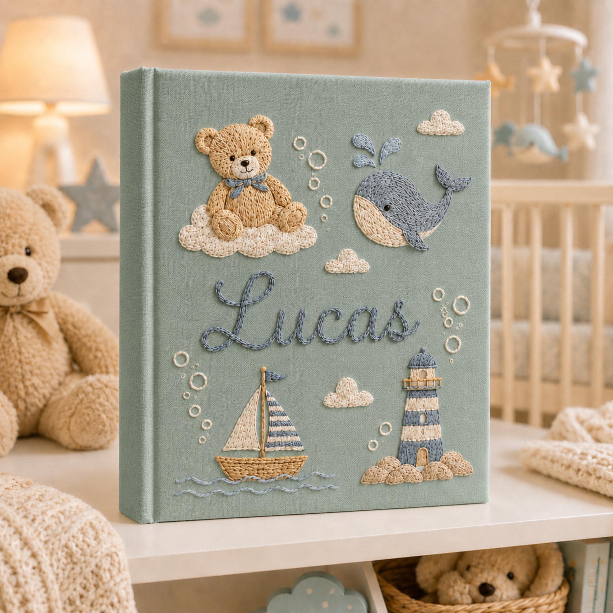 Hand Embroidered Teddy Bear Baby Photo Album, Personalized Sailor Teddy Bear Ocean Memory Book, Newborn Keepsake Gift, Nursery Decor Album
