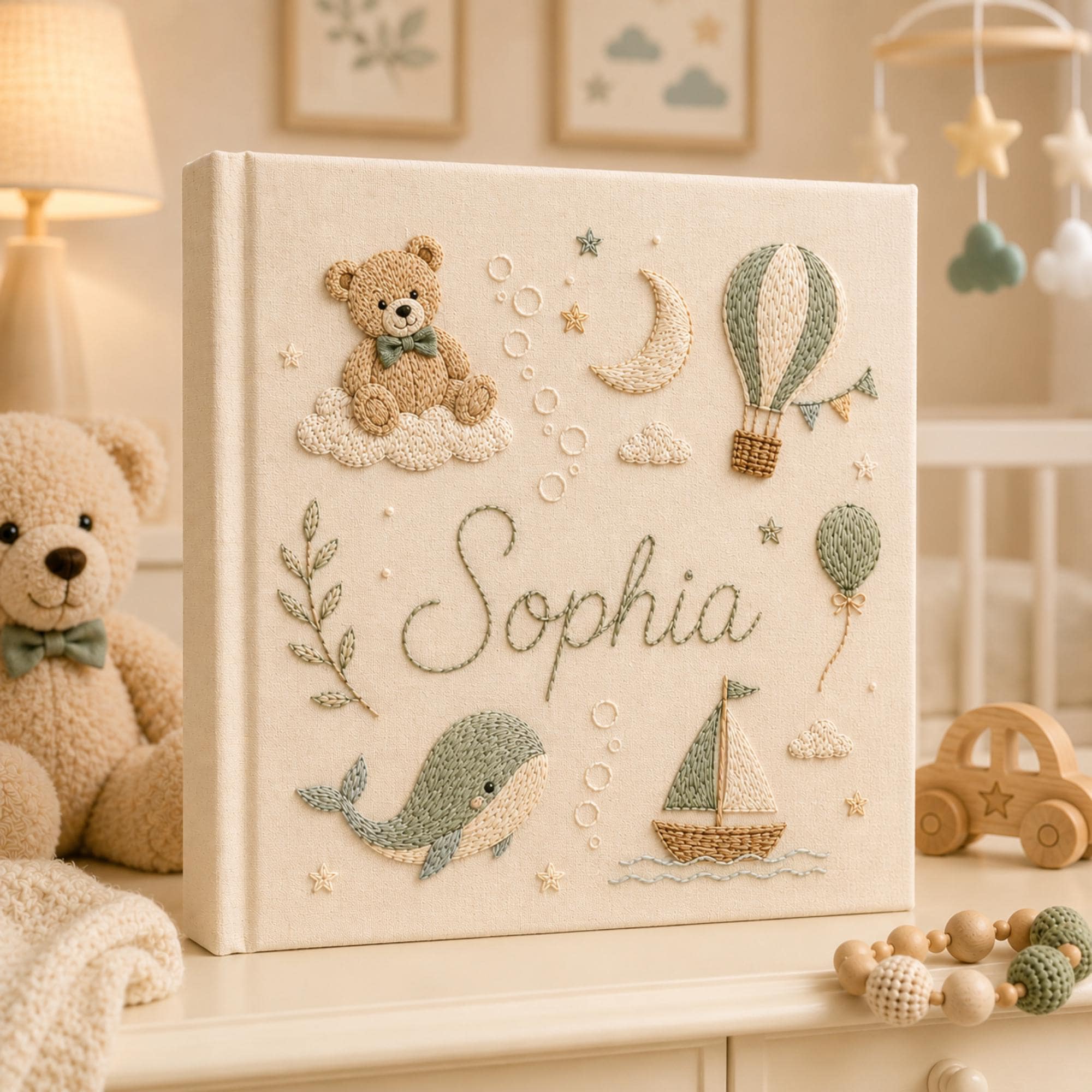 Hand Embroidered Teddy Bear Baby Photo Album, Personalized Sailor Teddy Bear Ocean Memory Book, Newborn Keepsake Gift, Nursery Decor Album