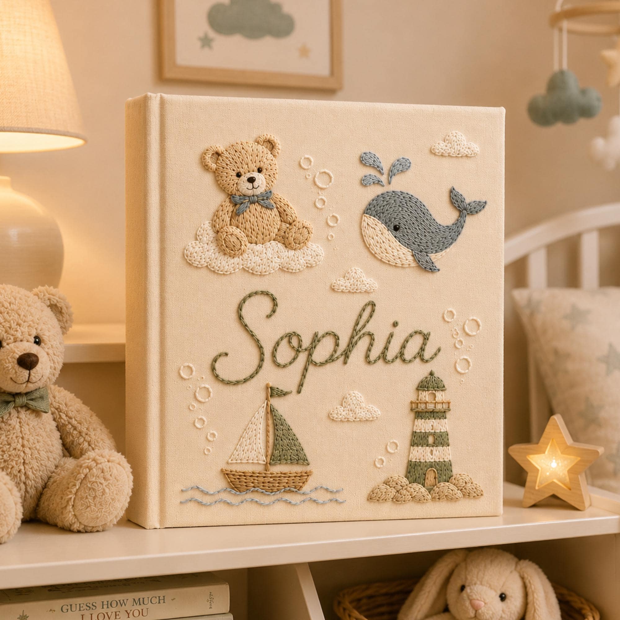Hand Embroidered Teddy Bear Baby Photo Album, Personalized Sailor Teddy Bear Ocean Memory Book, Newborn Keepsake Gift, Nursery Decor Album