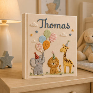 Custom Hand Embroidered Baby Photo Album, Safari Keepsake Memory Book With Sleeves, Birthday Baby Photo Album, Newborn Keepsake Album