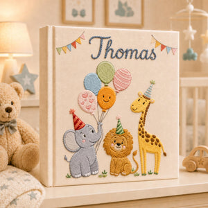 Custom Hand Embroidered Baby Photo Album, Safari Keepsake Memory Book With Sleeves, Birthday Baby Photo Album, Newborn Keepsake Album