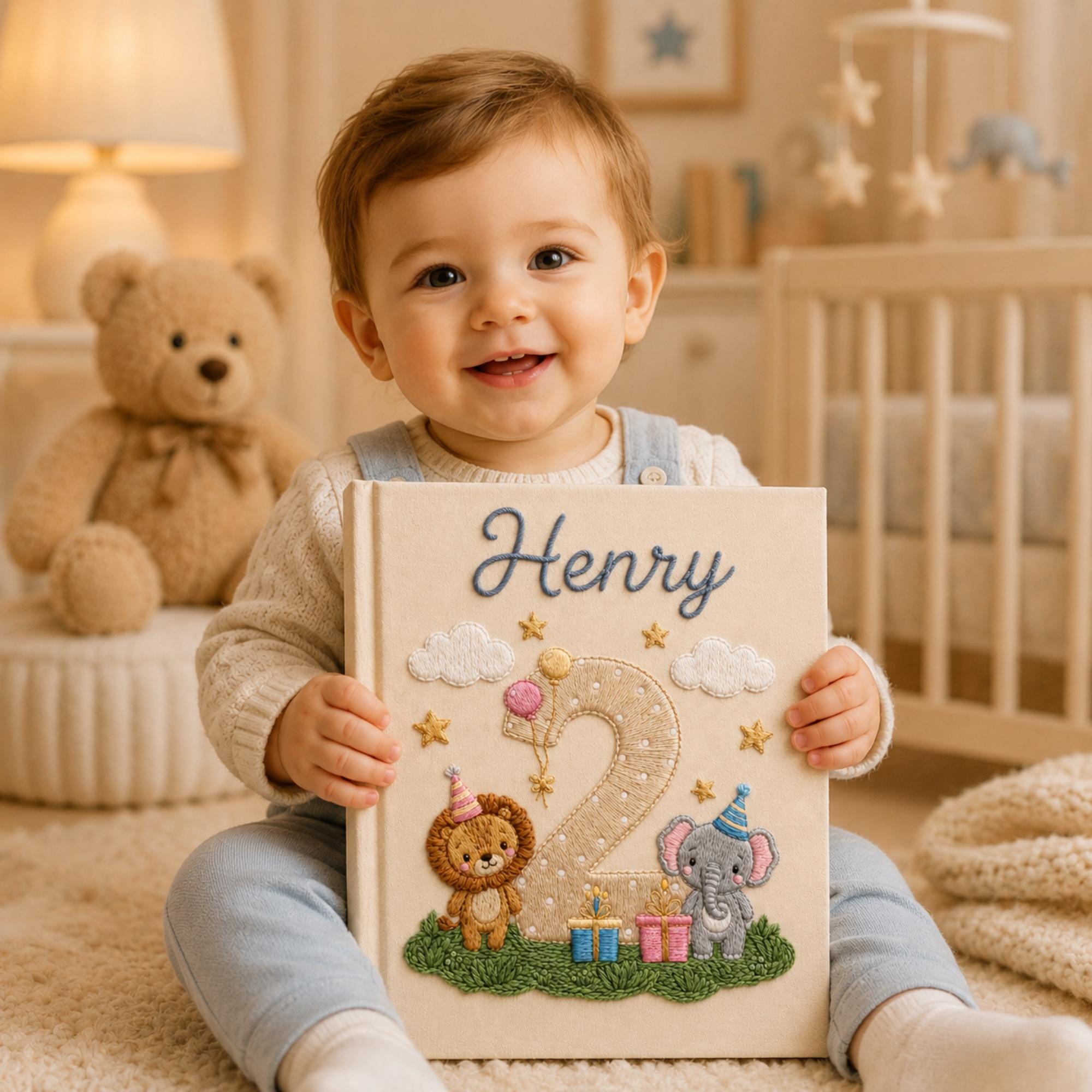 Custom Hand Embroidered Baby Photo Album, Safari Keepsake Memory Book With Sleeves, Birthday Baby Photo Album, Newborn Keepsake Album