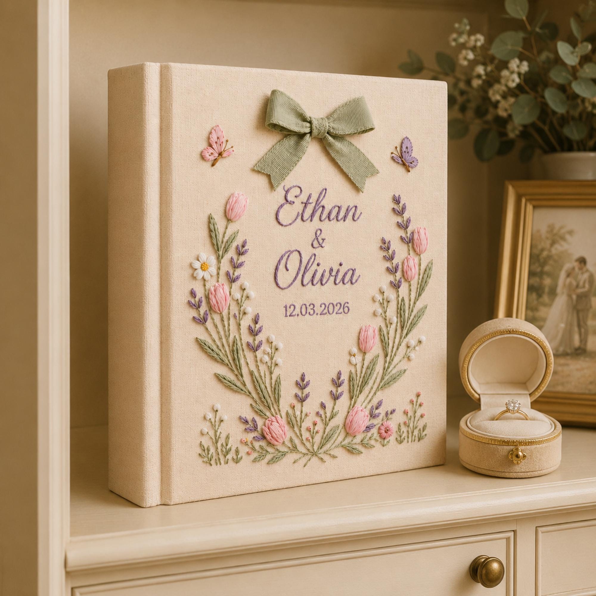Custom Hand Embroidered Photo Album With Sleeves, Floral Wedding Keepsake Album, Linen Baby Memory Book, Anniversary Gift Photo Album