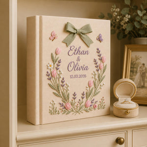 Custom Hand Embroidered Photo Album With Sleeves, Floral Wedding Keepsake Album, Linen Baby Memory Book, Anniversary Gift Photo Album