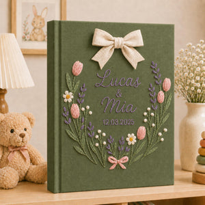 Custom Hand Embroidered Photo Album With Sleeves, Floral Wedding Keepsake Album, Linen Baby Memory Book, Anniversary Gift Photo Album