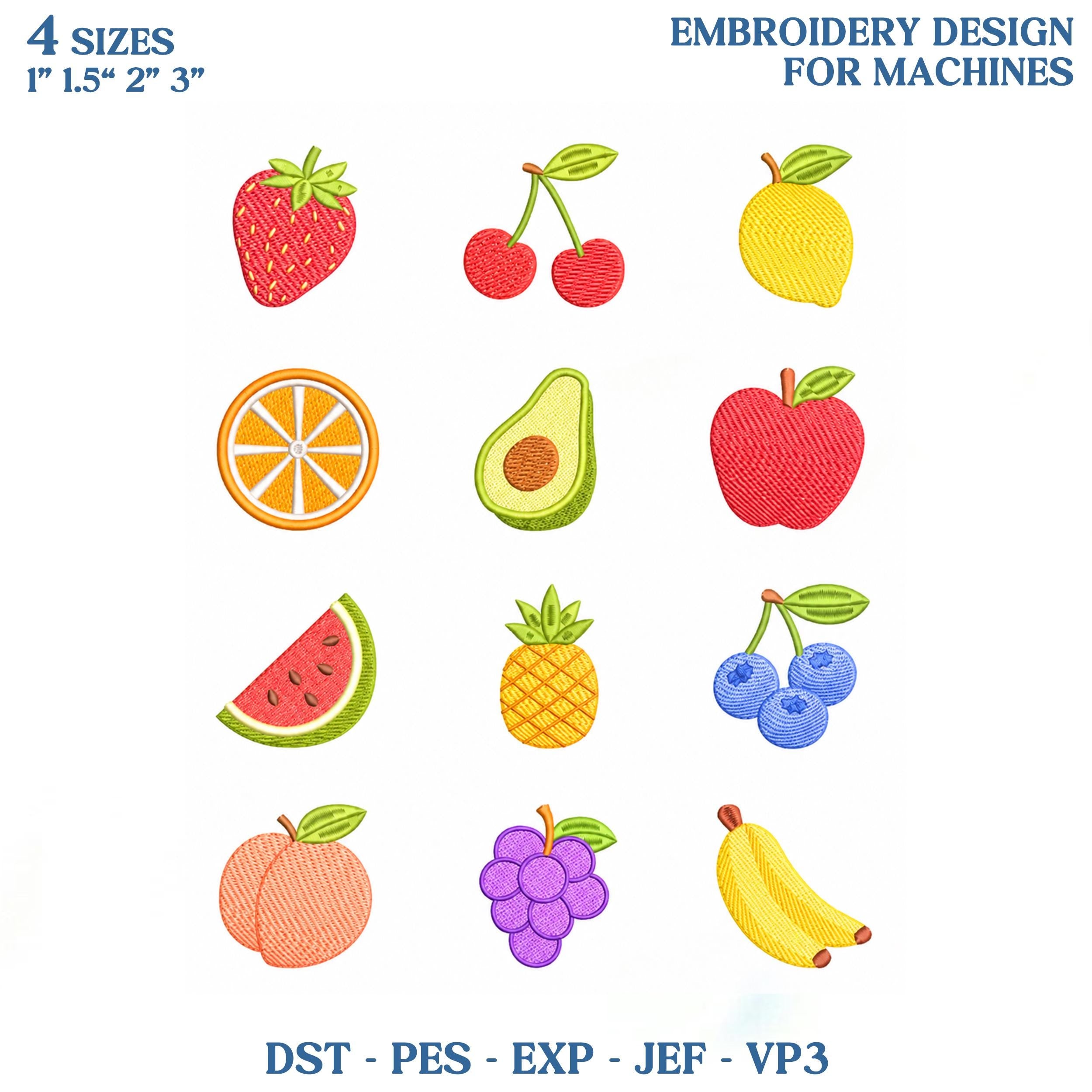 Mini Fruits Embroidery Design Bundle, Fruit Machine Embroidery File, Summer Kitchen Tea Towel Fruit Icons, Instant Download