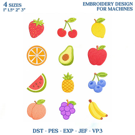 Mini Fruits Embroidery Design Bundle, Fruit Machine Embroidery File, Summer Kitchen Tea Towel Fruit Icons, Instant Download