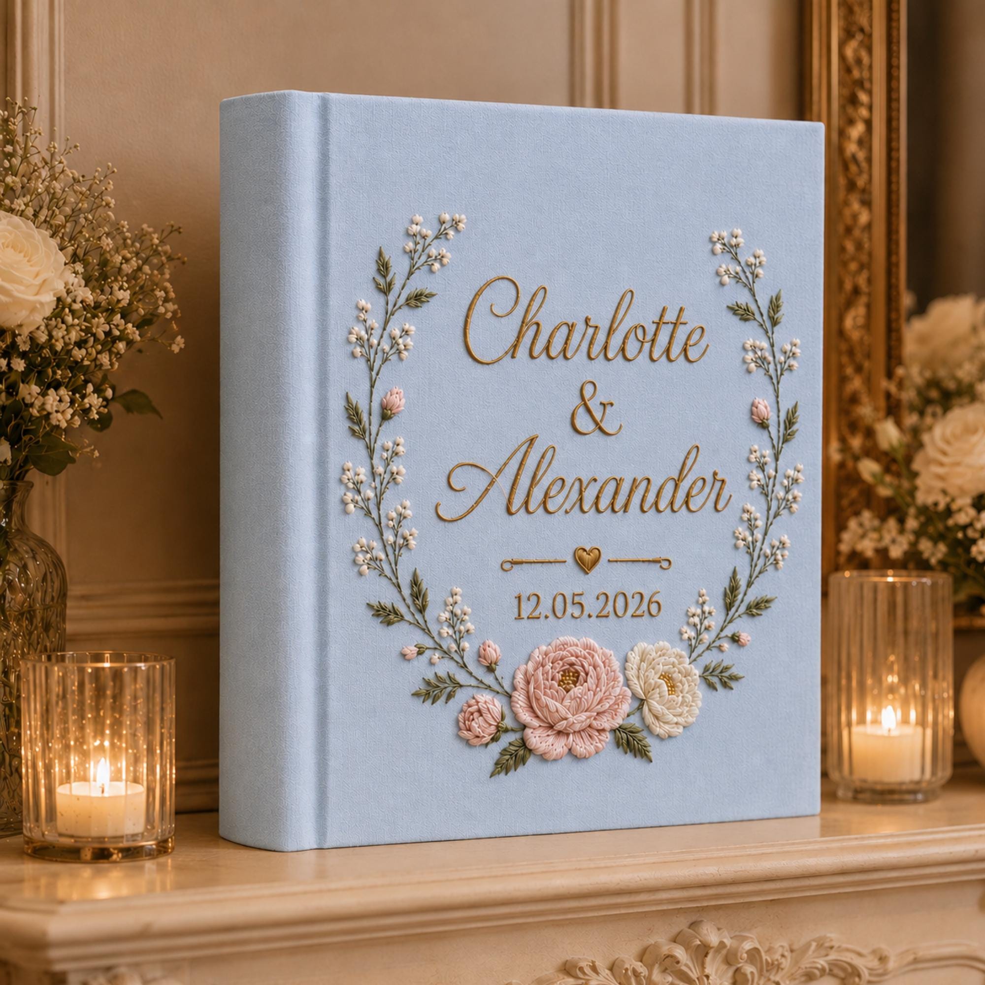 Custom Hand Embroidered Linen Photo Album, Floral Wedding Keepsake Album, Custom Memory Book, Flower Embroidered Photo Album