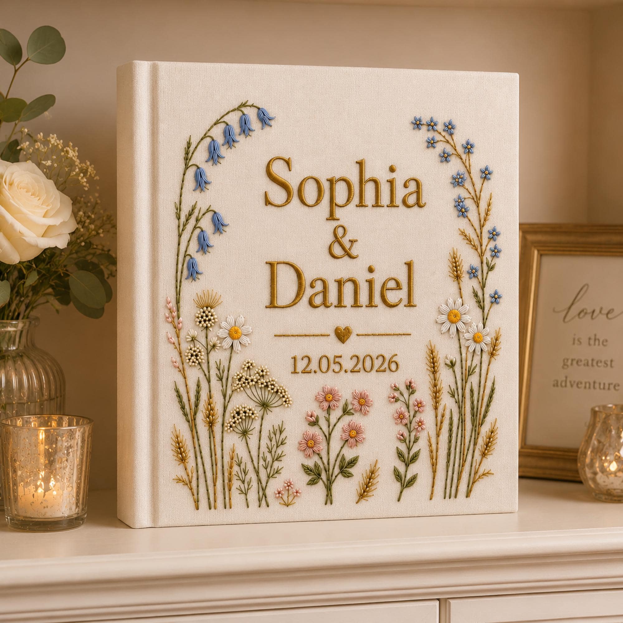 Vintage Wildflower Hand Embroidered Wedding Photo Album With Sleeves, Floral Wedding Keepsake Album, Baby Photo Album, Custom Memory Book