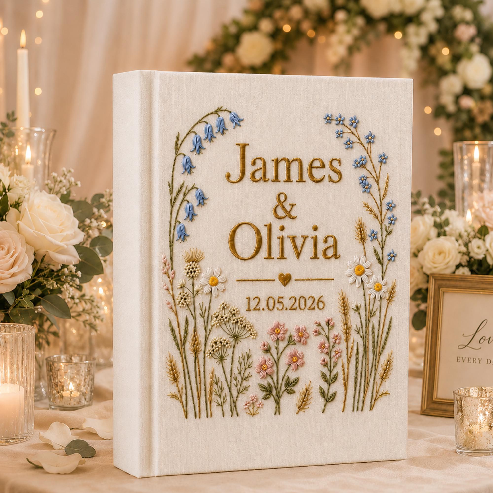 Vintage Wildflower Hand Embroidered Wedding Photo Album With Sleeves, Floral Wedding Keepsake Album, Baby Photo Album, Custom Memory Book