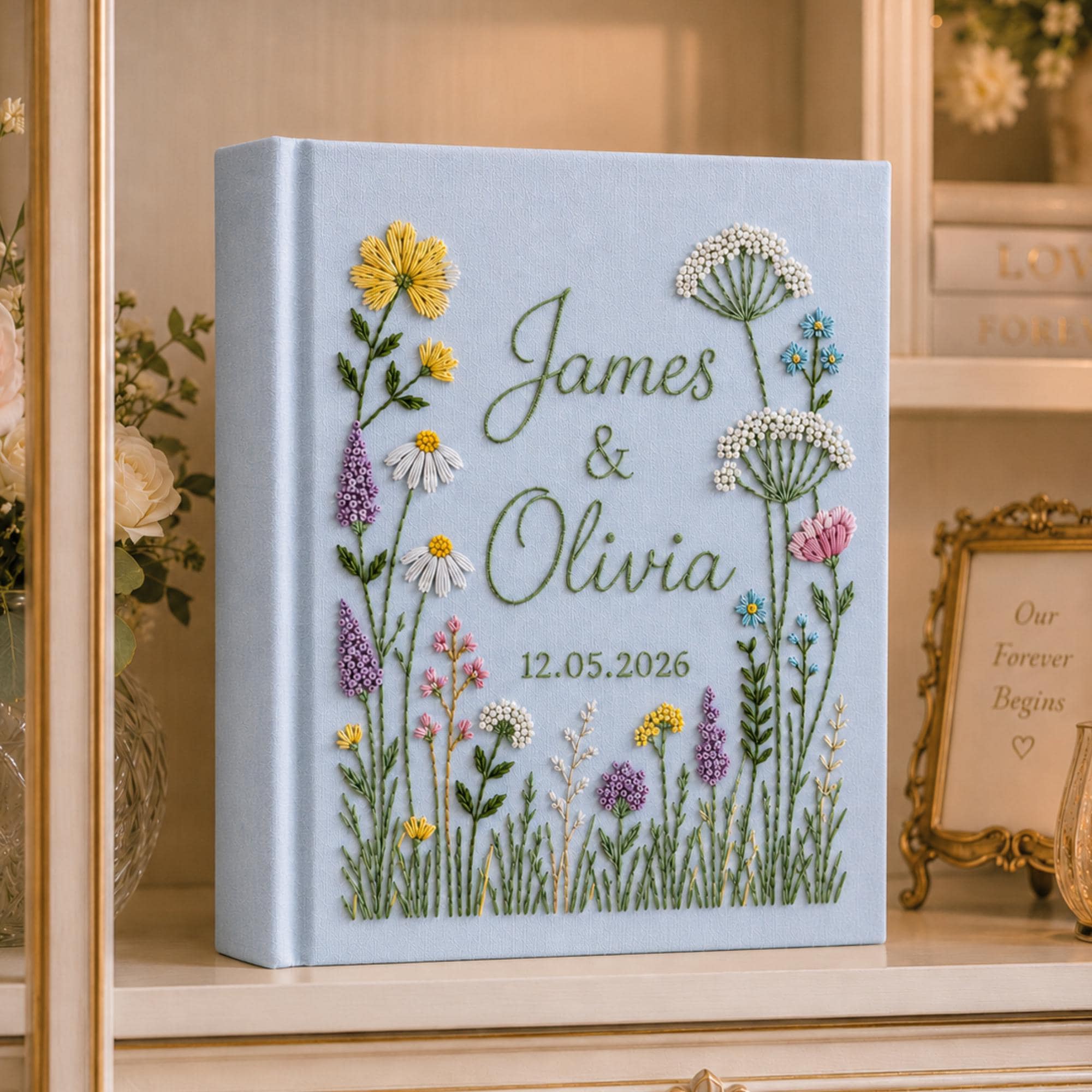 Hand-Embroidered Wildflower Wedding Photo Album, Linen Keepsake Book With Sleeves, Floral Wedding Keepsake Album, Custom Baby Memory Book