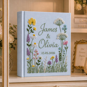 Hand-Embroidered Wildflower Wedding Photo Album, Linen Keepsake Book With Sleeves, Floral Wedding Keepsake Album, Custom Baby Memory Book