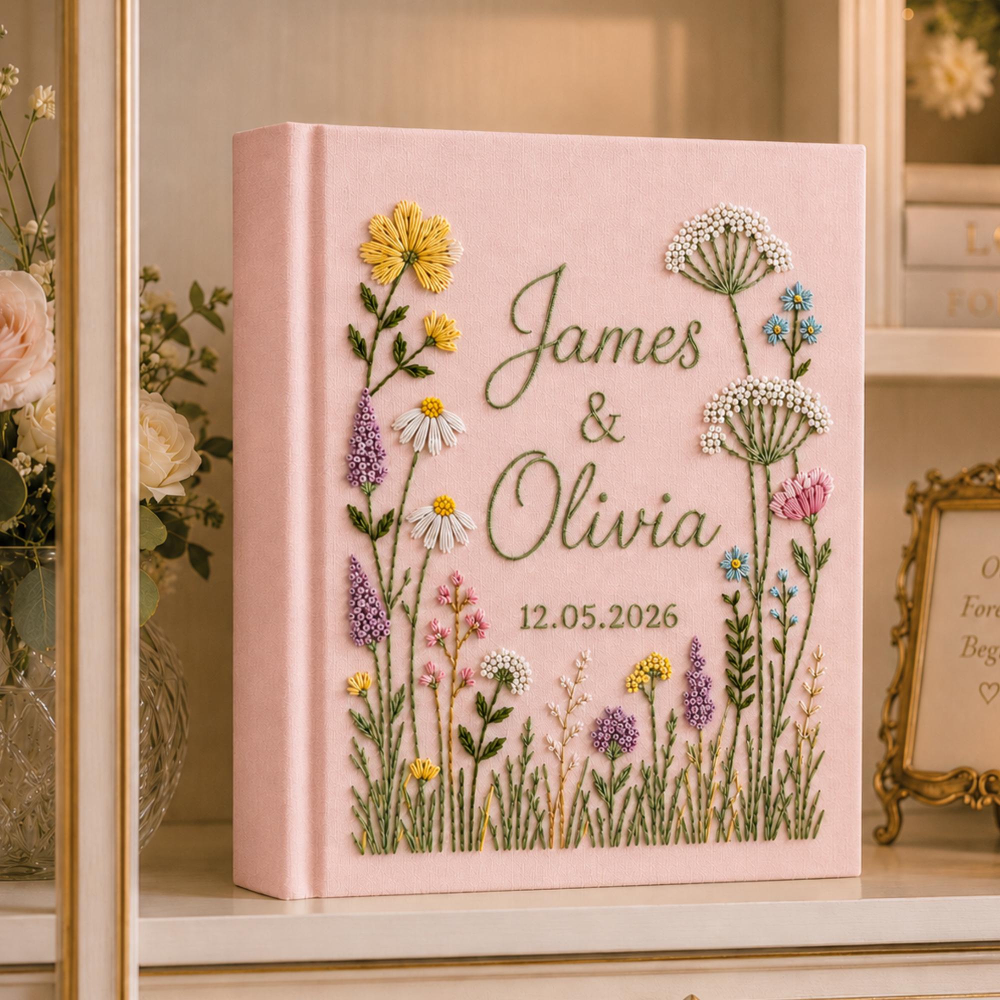 Hand-Embroidered Wildflower Wedding Photo Album, Linen Keepsake Book With Sleeves, Floral Wedding Keepsake Album, Custom Baby Memory Book